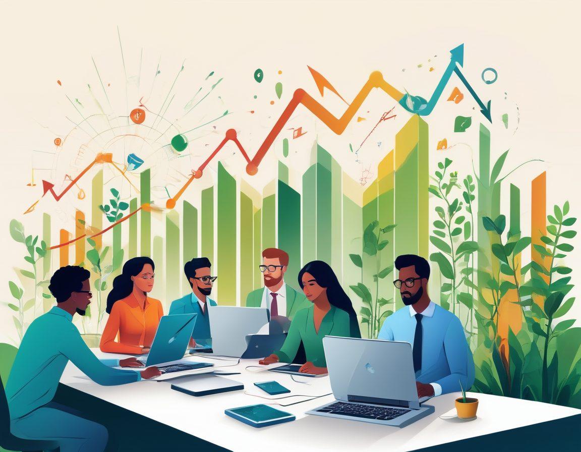 A dynamic workspace filled with digital marketing elements like graphs, social media icons, and analytics dashboards. In the center, a diverse team of professionals collaborating over laptops, showcasing enthusiasm and creativity. Subtle elements of growth, like upward arrows and plants, symbolize business expansion. Bright colors that convey energy and innovation, with a modern, tech-inspired background. vector art. vibrant colors.