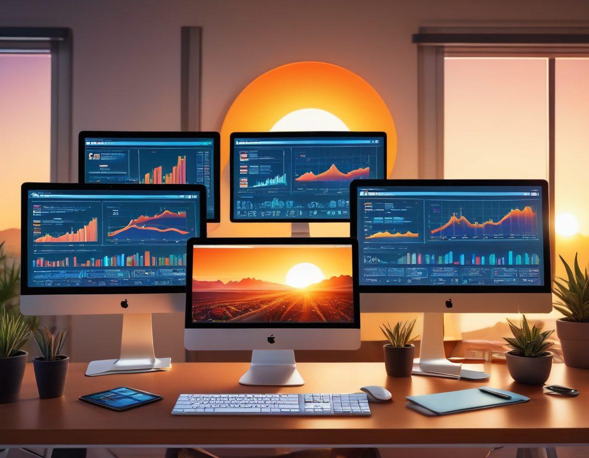 A visually dynamic landscape showing a digital marketing guru analyzing data on multiple screens filled with SEO analytics, keywords, and growth charts, surrounded by icons representing various online platforms. The background features a rising sun symbolizing growth and opportunity. Incorporate vibrant colors and a tech-savvy ambiance to reflect modern branding. digital art. vibrant colors. 3D.